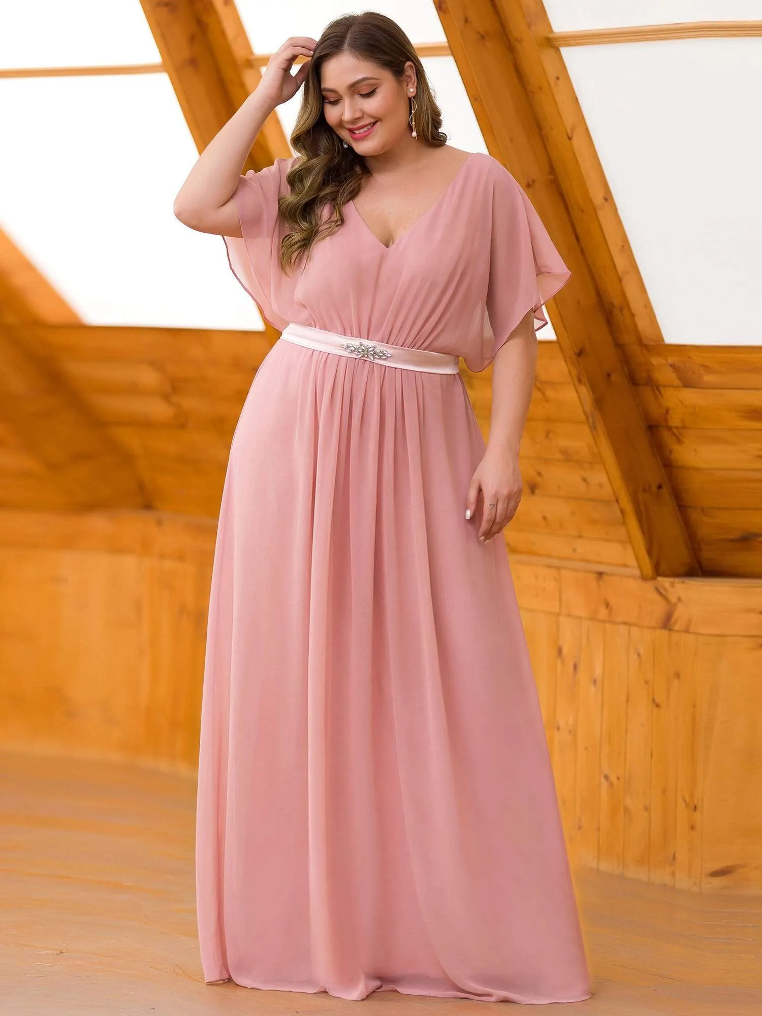 Maxi Long Flowy Chiffon Plus Size Evening Dress with Short Sleeve