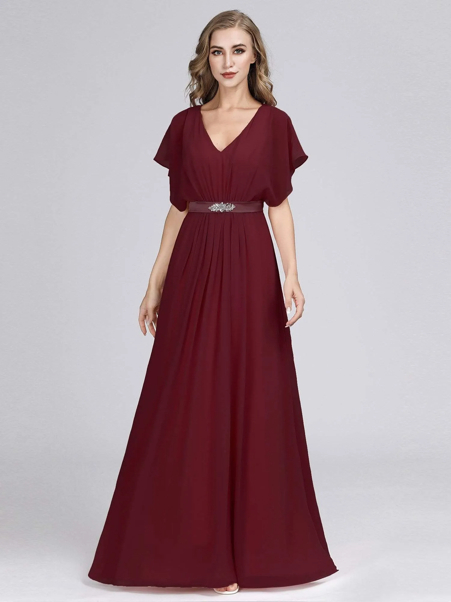 Maxi Long Flowy Chiffon Plus Size Evening Dress with Short Sleeve