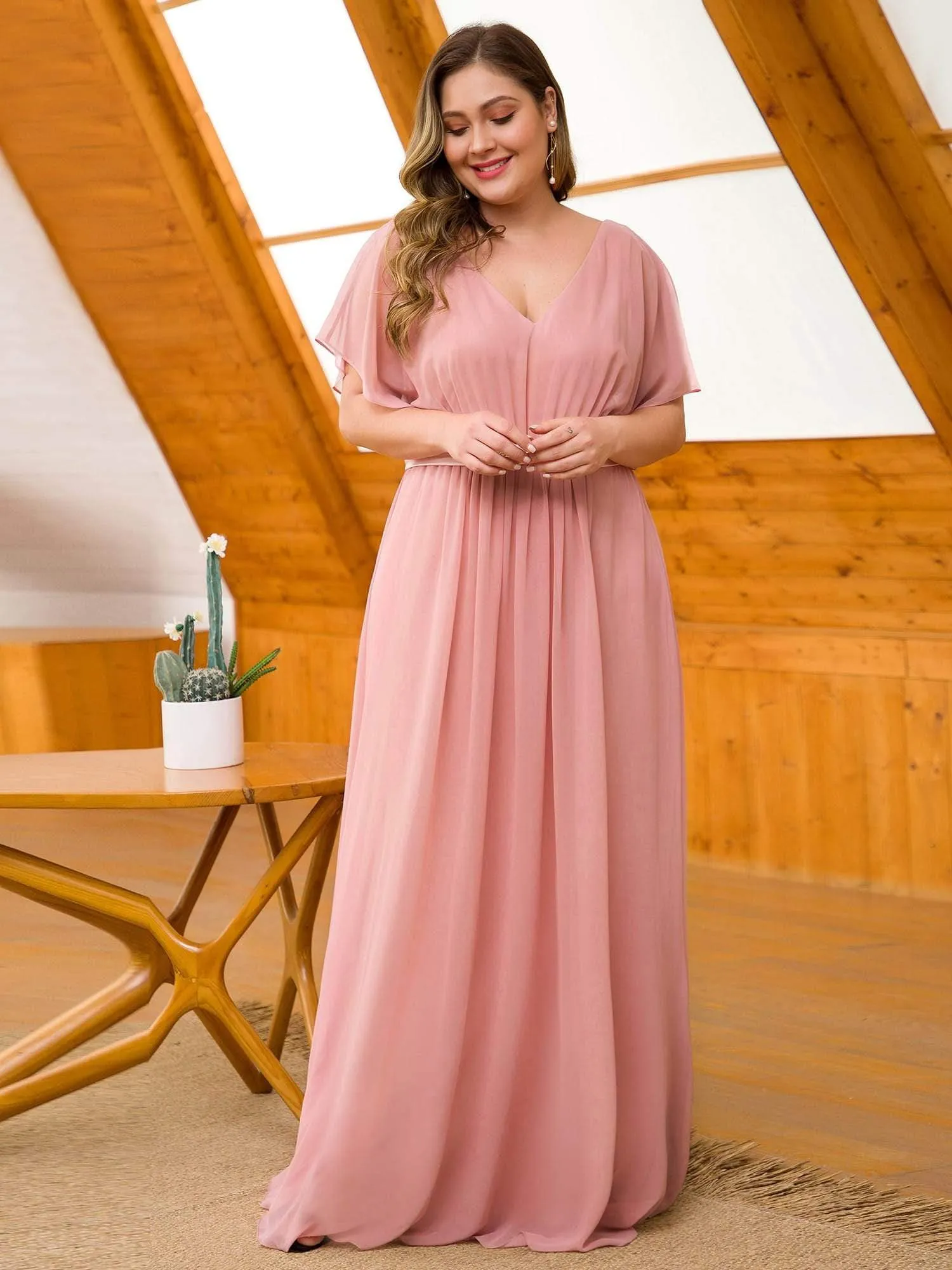 Maxi Long Flowy Chiffon Plus Size Evening Dress with Short Sleeve