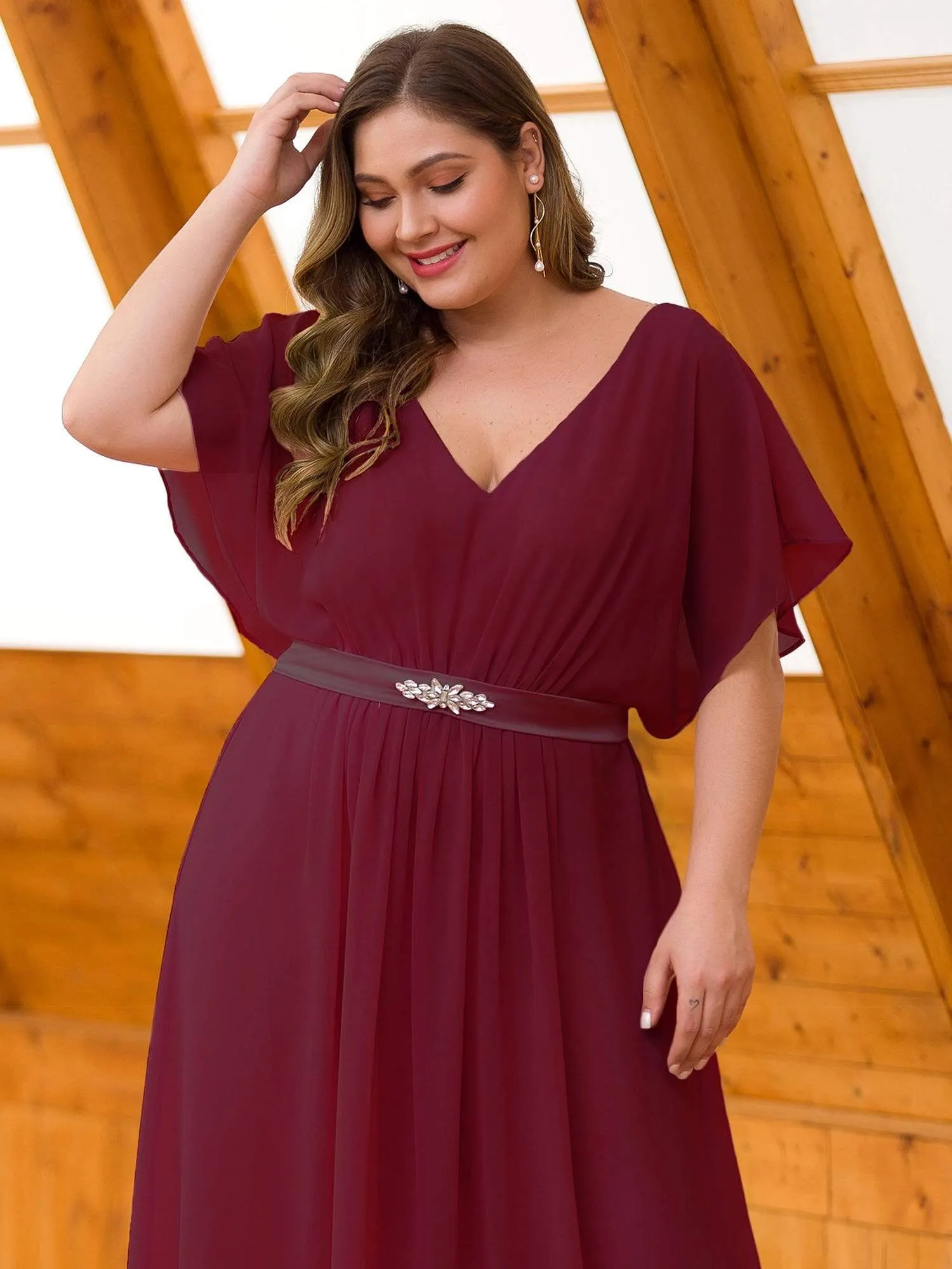 Maxi Long Flowy Chiffon Plus Size Evening Dress with Short Sleeve