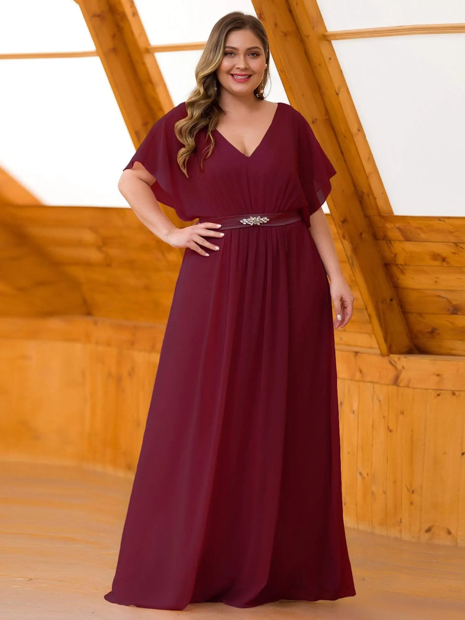 Maxi Long Flowy Chiffon Plus Size Evening Dress with Short Sleeve