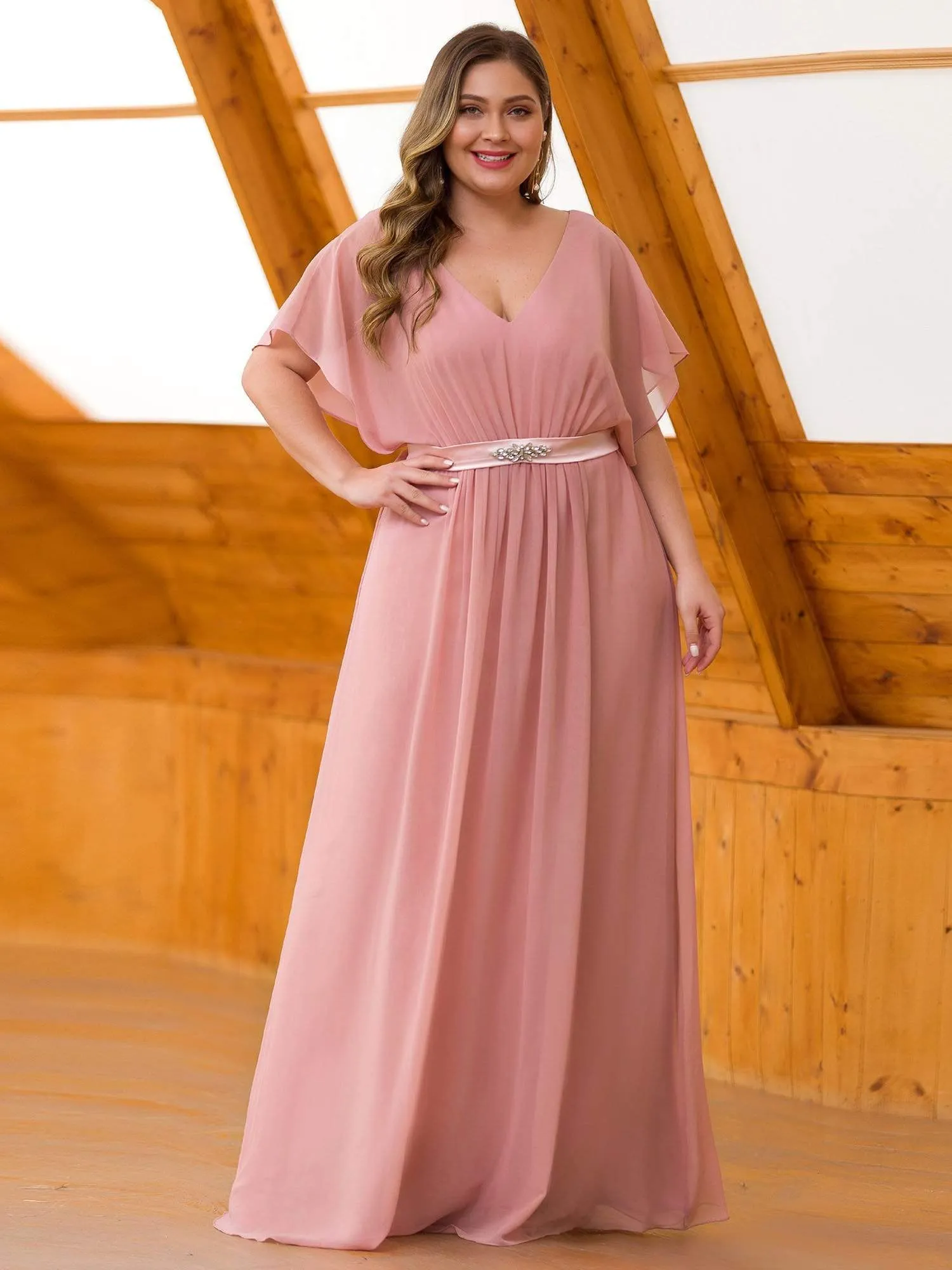 Maxi Long Flowy Chiffon Plus Size Evening Dress with Short Sleeve