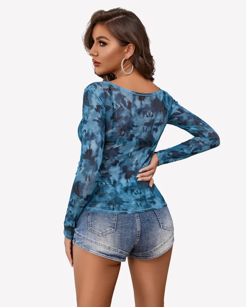 Mesh Long Sleeve Blouses Top