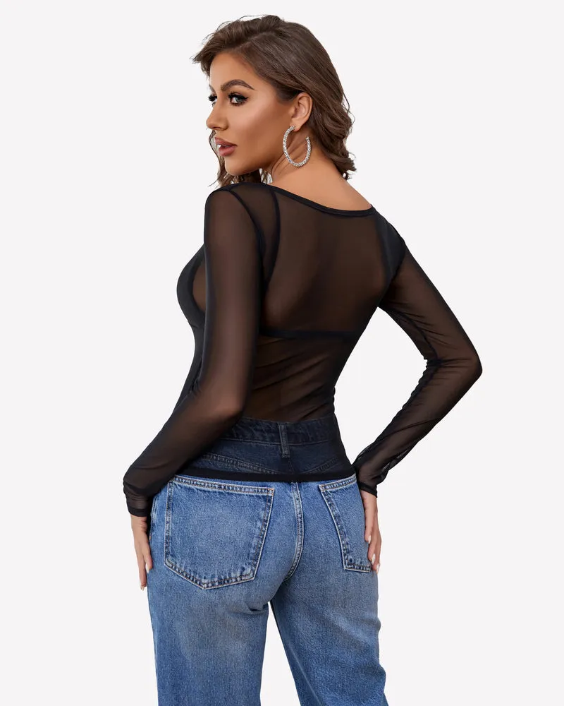 Mesh Long Sleeve Blouses Top