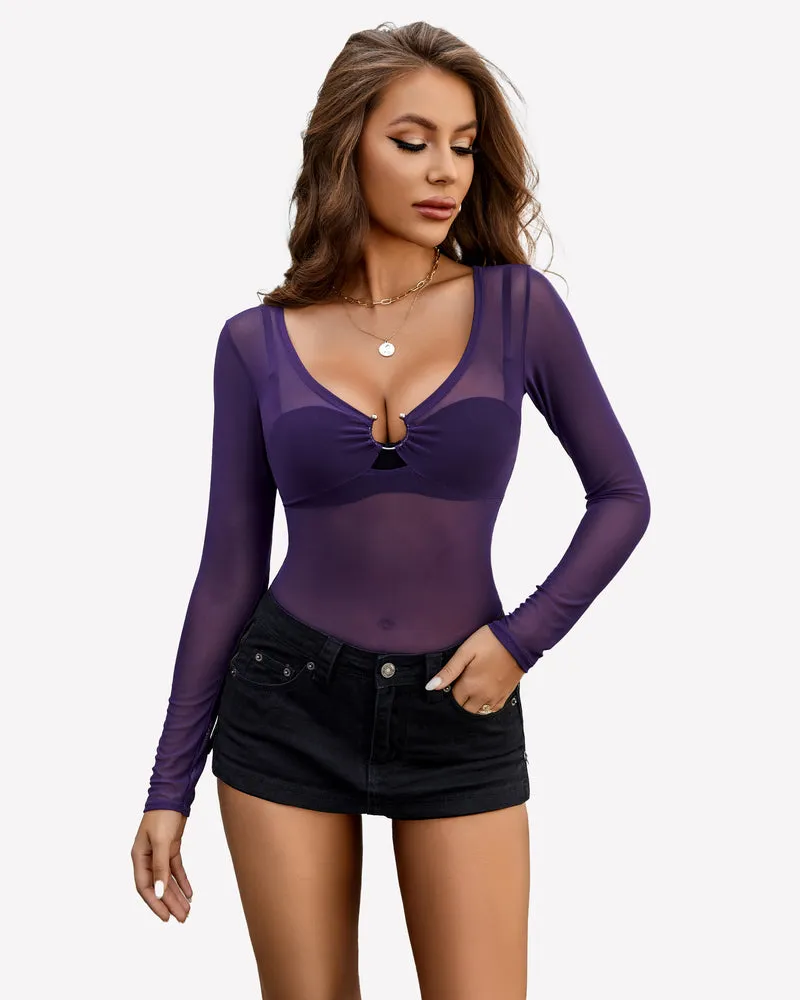 Mesh Long Sleeve Blouses Top