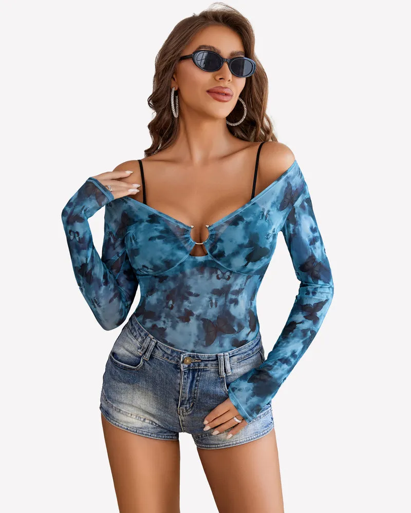 Mesh Long Sleeve Blouses Top