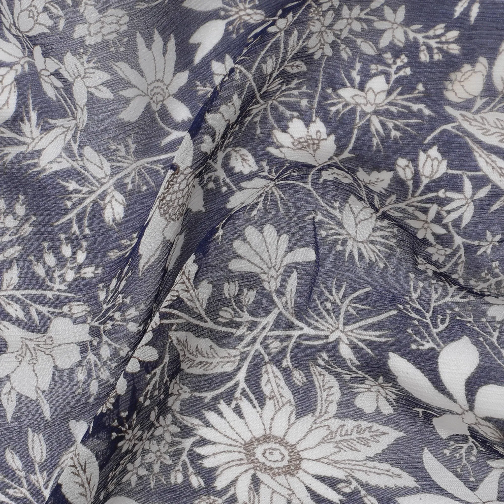 Midnight Flora Pure Wrinkle Silk Chiffon Fabric - Elegant Monochrome Print, 110cm Width - Buy Online by the Meter-D18050