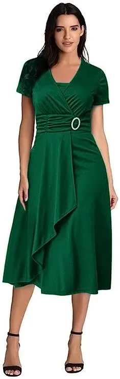 Minetom Wedding Festive Business Dresses Women's V-Neck Short Sleeve A-line Midi Dress Elegant Asymmetry High Waist Cocktail Dress Party Dress S4363015