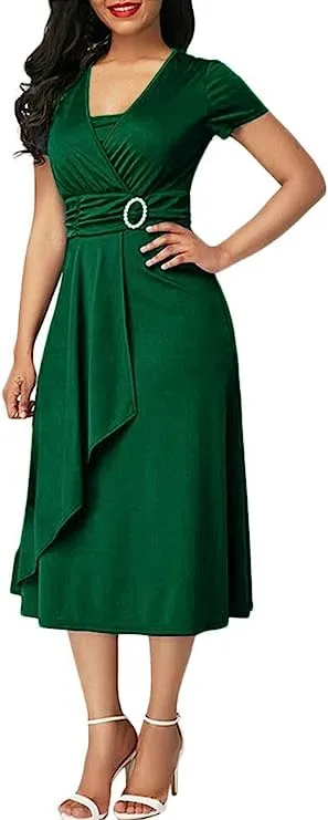 Minetom Wedding Festive Business Dresses Women's V-Neck Short Sleeve A-line Midi Dress Elegant Asymmetry High Waist Cocktail Dress Party Dress S4363015