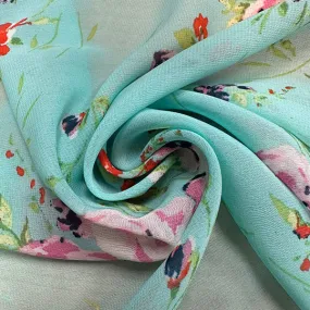 Mint Green Floral Print Poly Chiffon Fabric