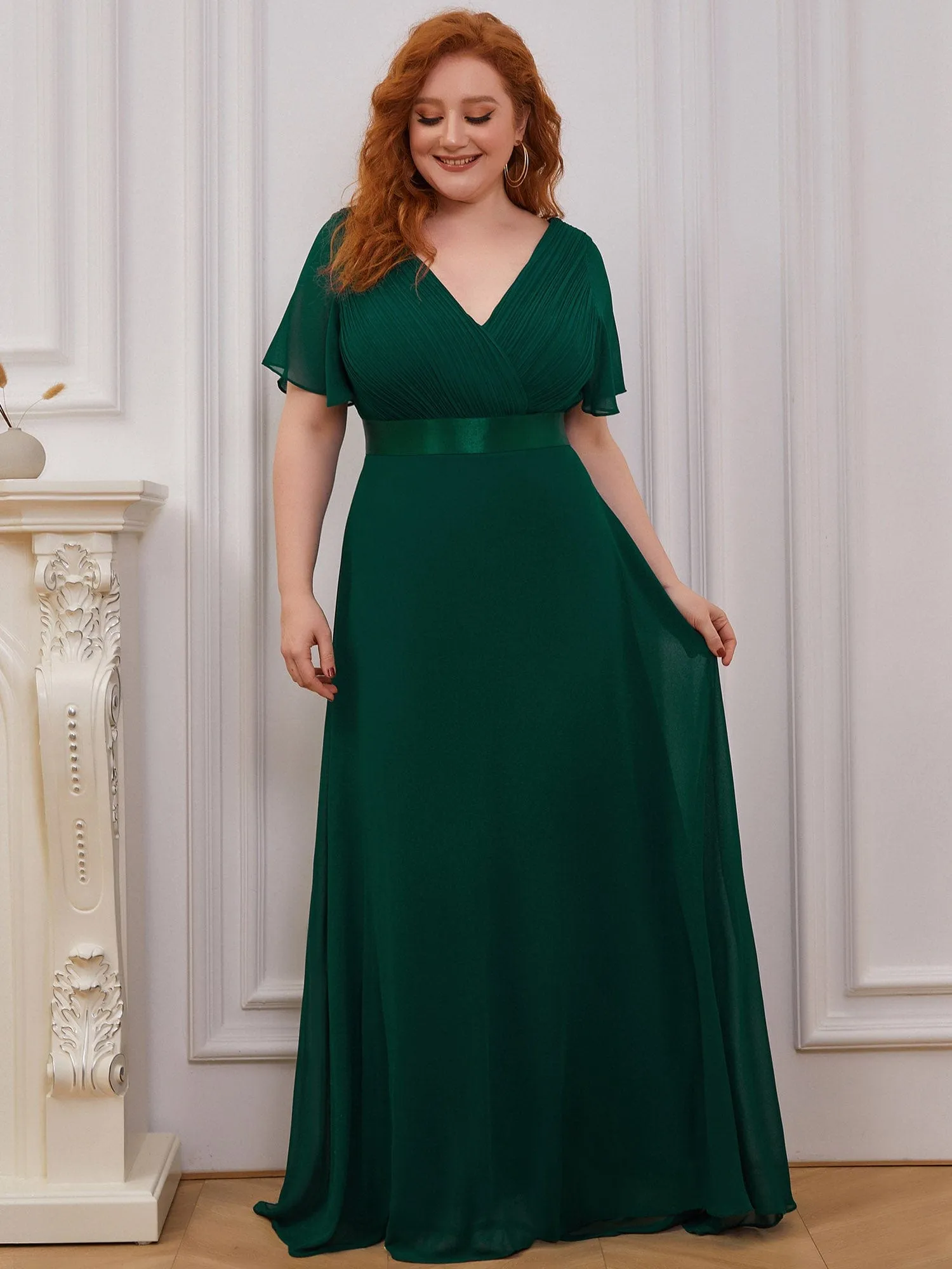 Monica | Plus Size Empire Waist V Back Bridesmaid Dress with Short Sleeves