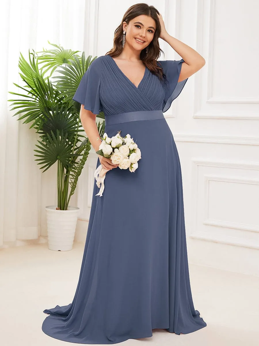 Monica | Plus Size Empire Waist V Back Bridesmaid Dress with Short Sleeves