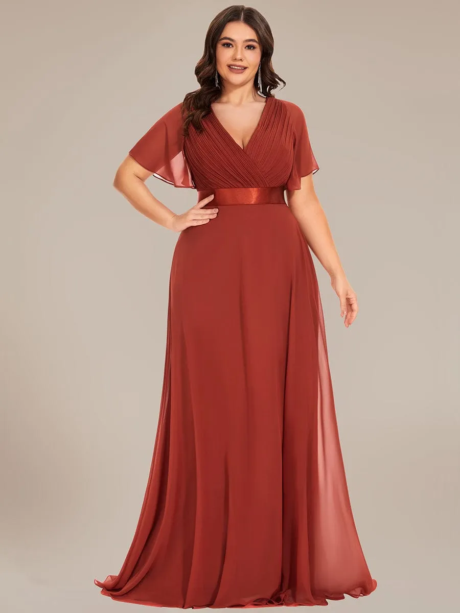 Monica | Plus Size Empire Waist V Back Bridesmaid Dress with Short Sleeves