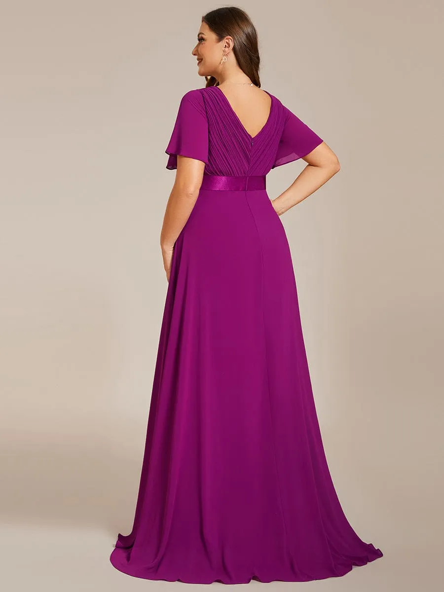 Monica | Plus Size Empire Waist V Back Bridesmaid Dress with Short Sleeves