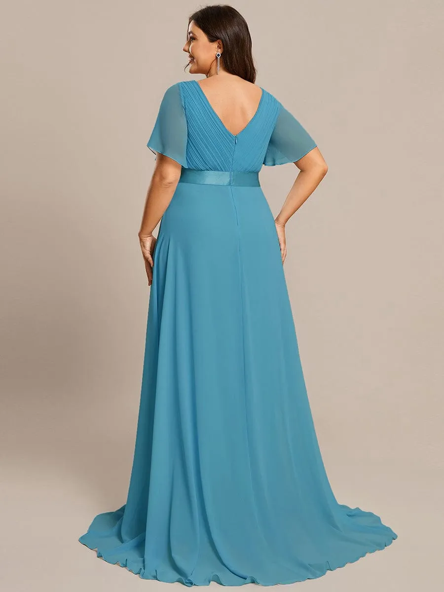 Monica | Plus Size Empire Waist V Back Bridesmaid Dress with Short Sleeves