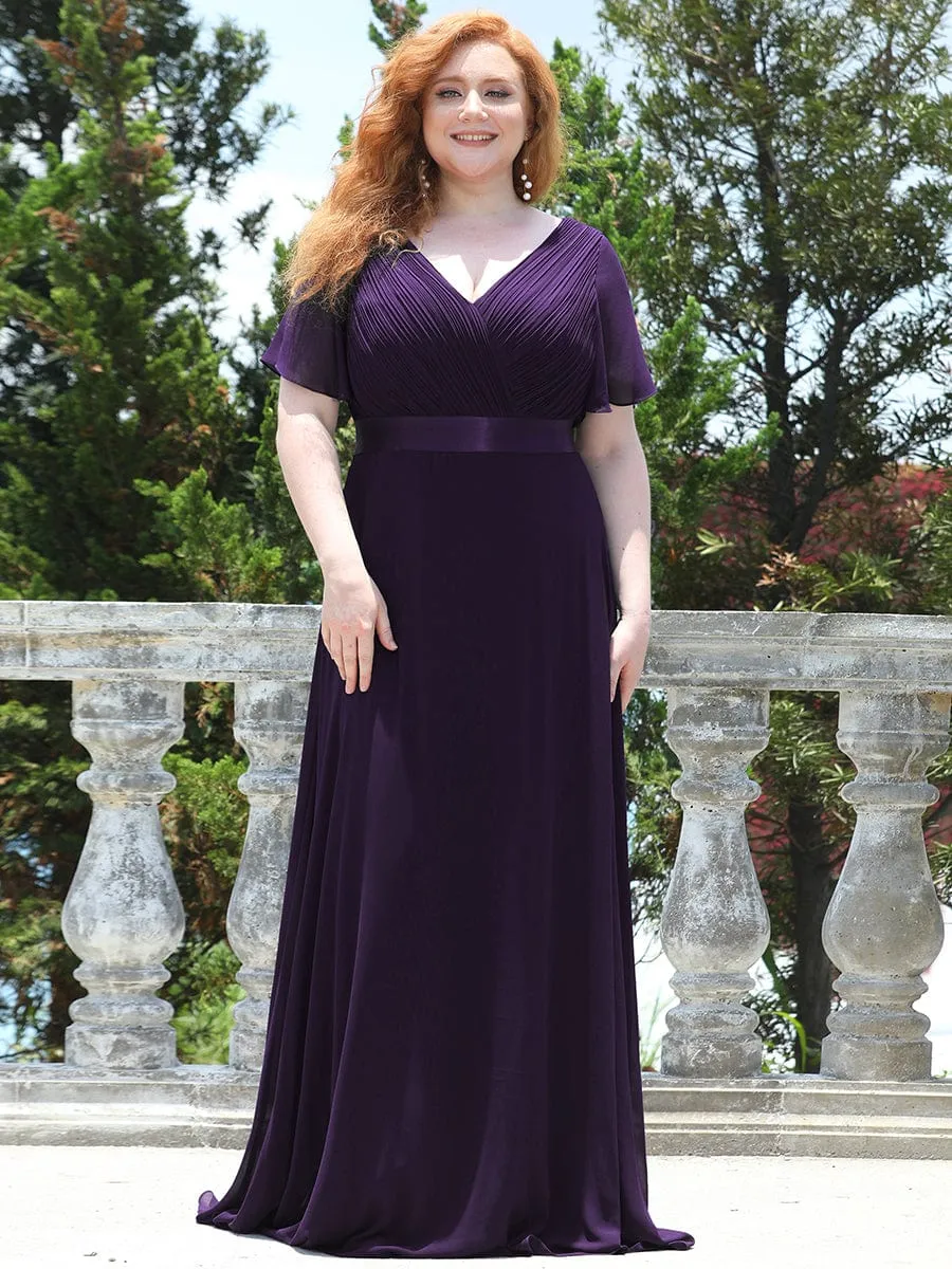 Monica | Plus Size Empire Waist V Back Bridesmaid Dress with Short Sleeves