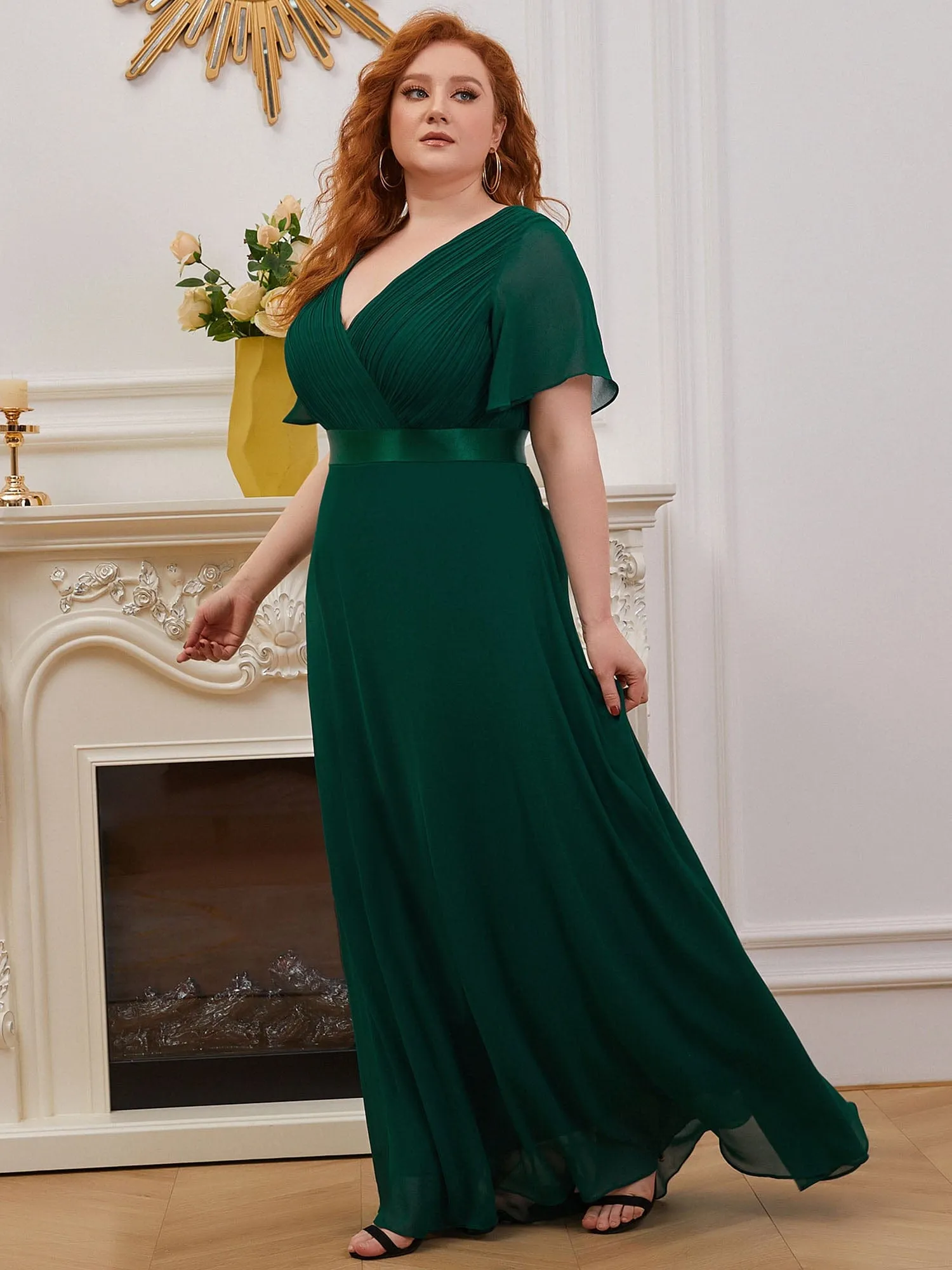 Monica | Plus Size Empire Waist V Back Bridesmaid Dress with Short Sleeves