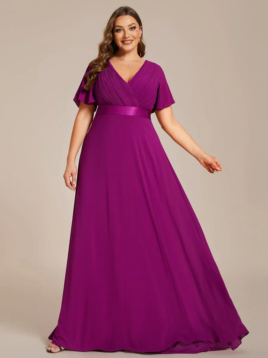 Monica | Plus Size Empire Waist V Back Bridesmaid Dress with Short Sleeves