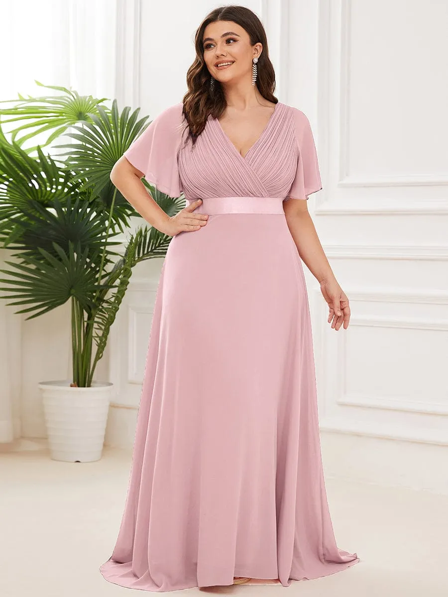 Monica | Plus Size Empire Waist V Back Bridesmaid Dress with Short Sleeves