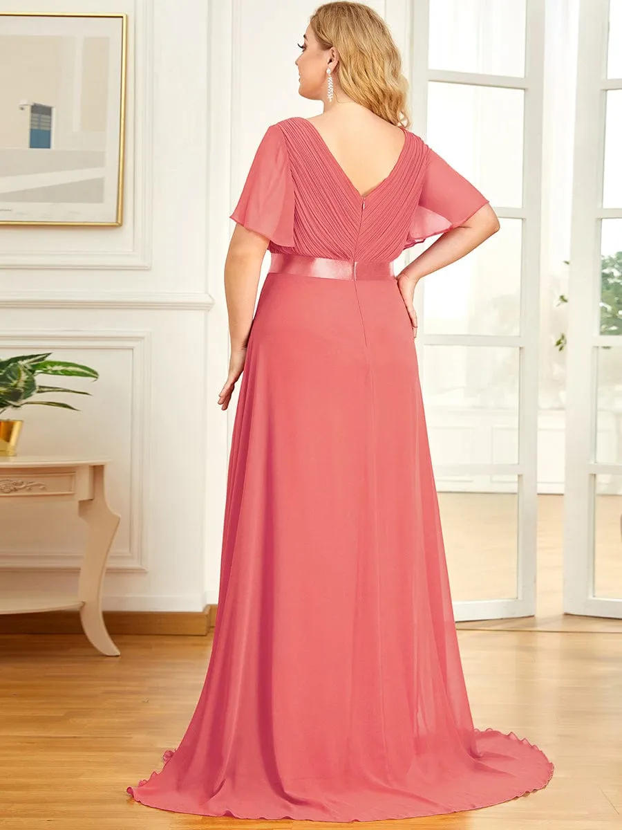 Monica | Plus Size Empire Waist V Back Bridesmaid Dress with Short Sleeves