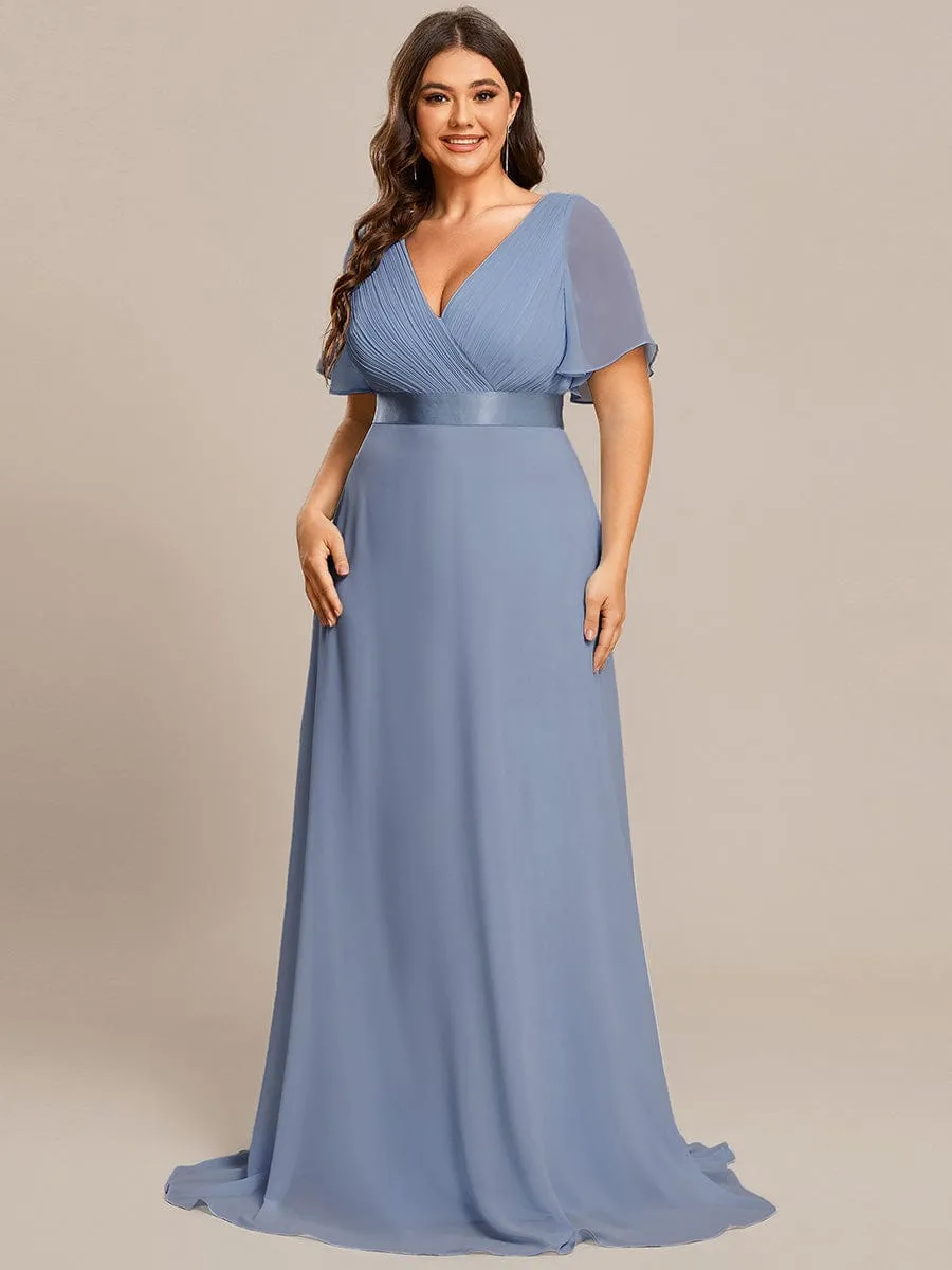 Monica | Plus Size Empire Waist V Back Bridesmaid Dress with Short Sleeves