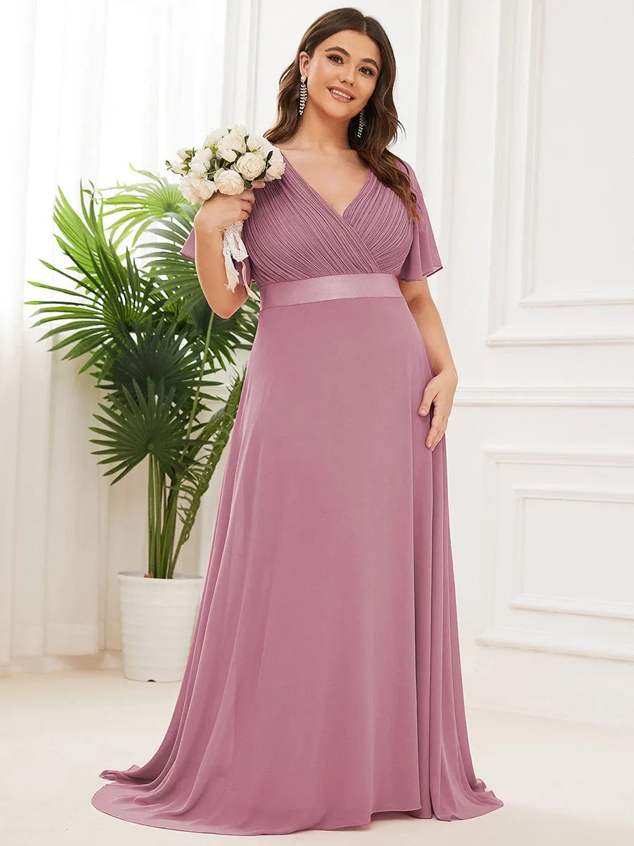 Monica | Plus Size Empire Waist V Back Bridesmaid Dress with Short Sleeves