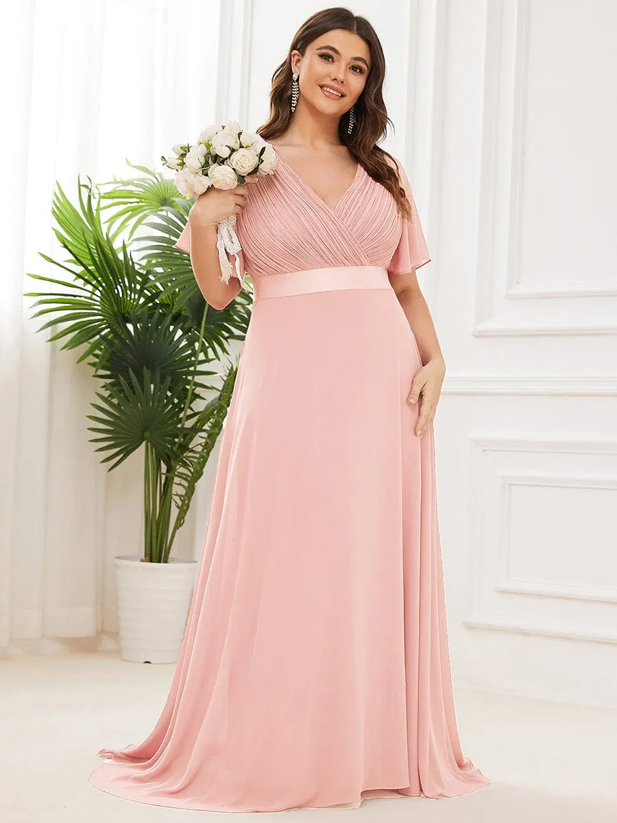 Monica | Plus Size Empire Waist V Back Bridesmaid Dress with Short Sleeves