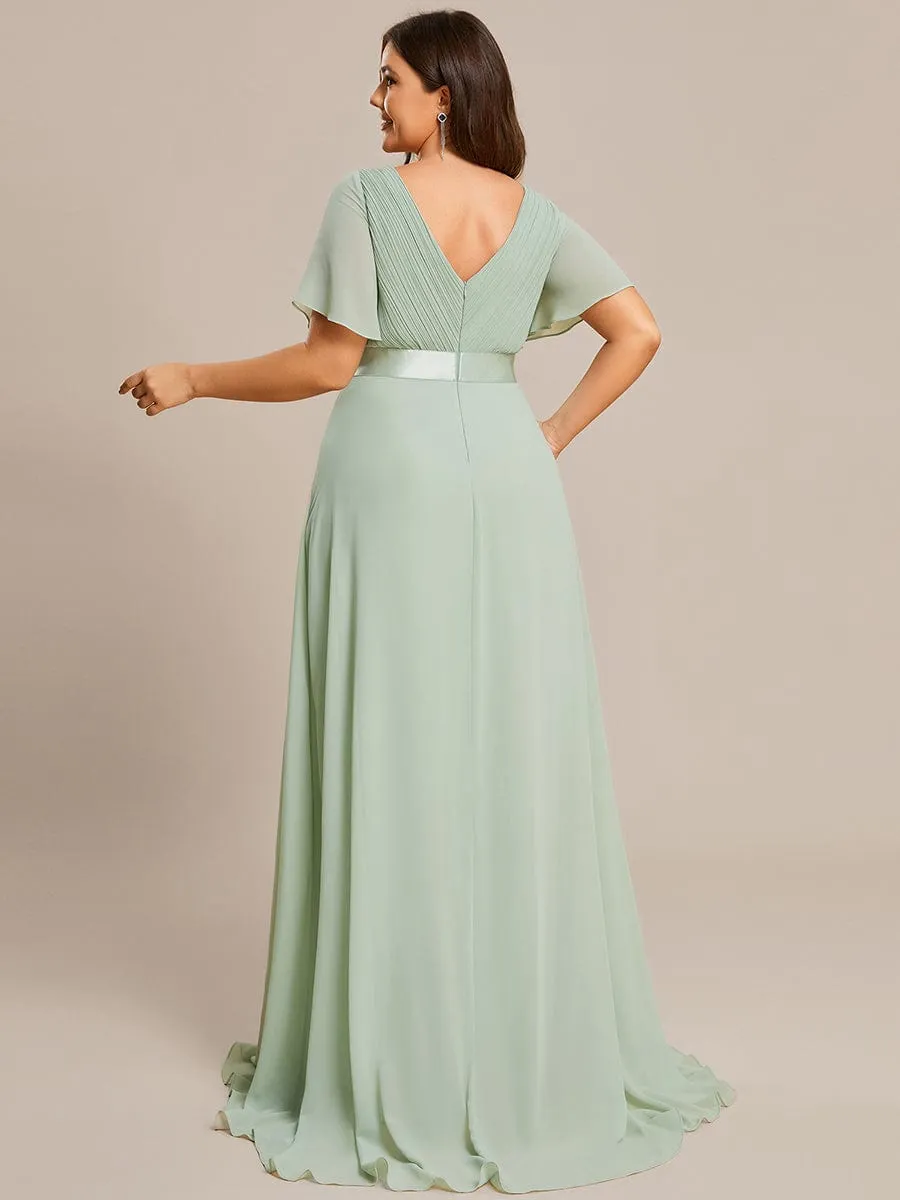 Monica | Plus Size Empire Waist V Back Bridesmaid Dress with Short Sleeves