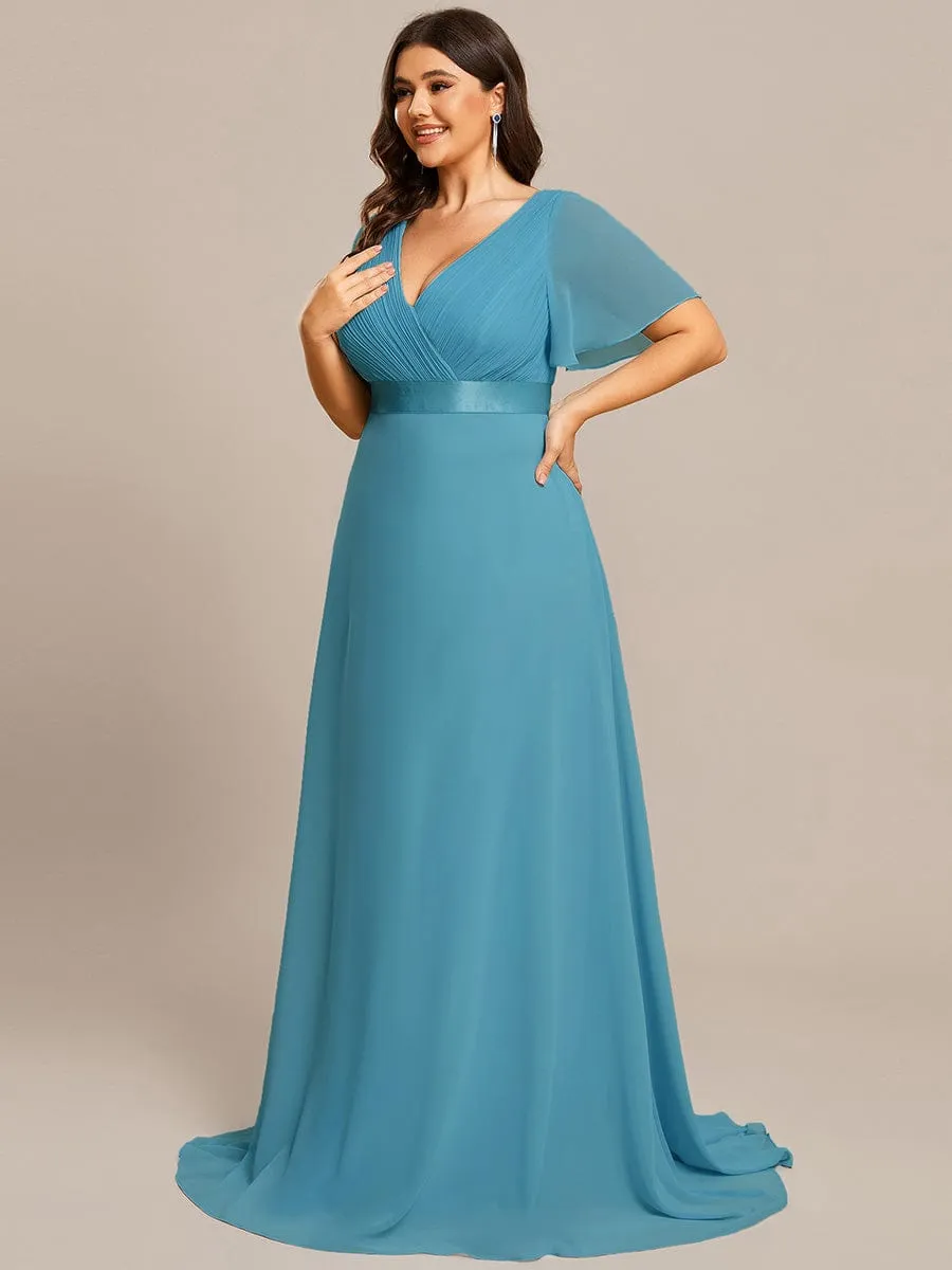 Monica | Plus Size Empire Waist V Back Bridesmaid Dress with Short Sleeves