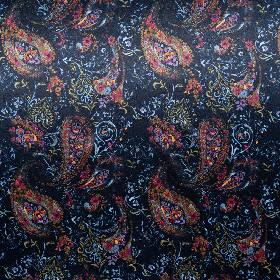 Multi-Coloured Paisley & Floral Printed Navy Blue Silk