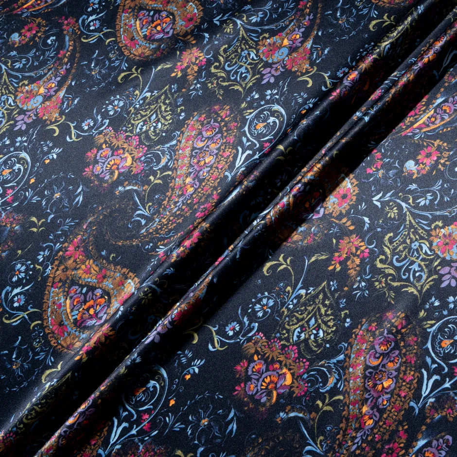 Multi-Coloured Paisley & Floral Printed Navy Blue Silk