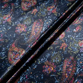 Multi-Coloured Paisley & Floral Printed Navy Blue Silk