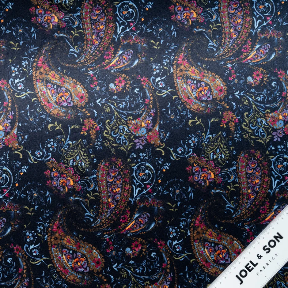 Multi-Coloured Paisley & Floral Printed Navy Blue Silk