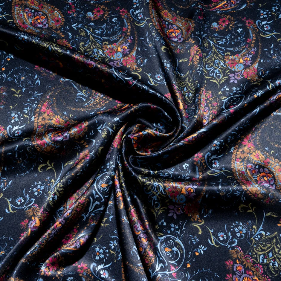 Multi-Coloured Paisley & Floral Printed Navy Blue Silk