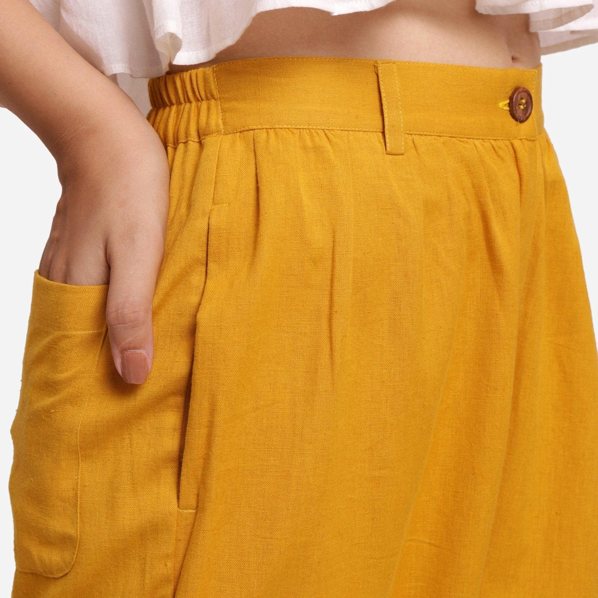 Mustard Cotton Flax Elasticated Wide Legged Pant