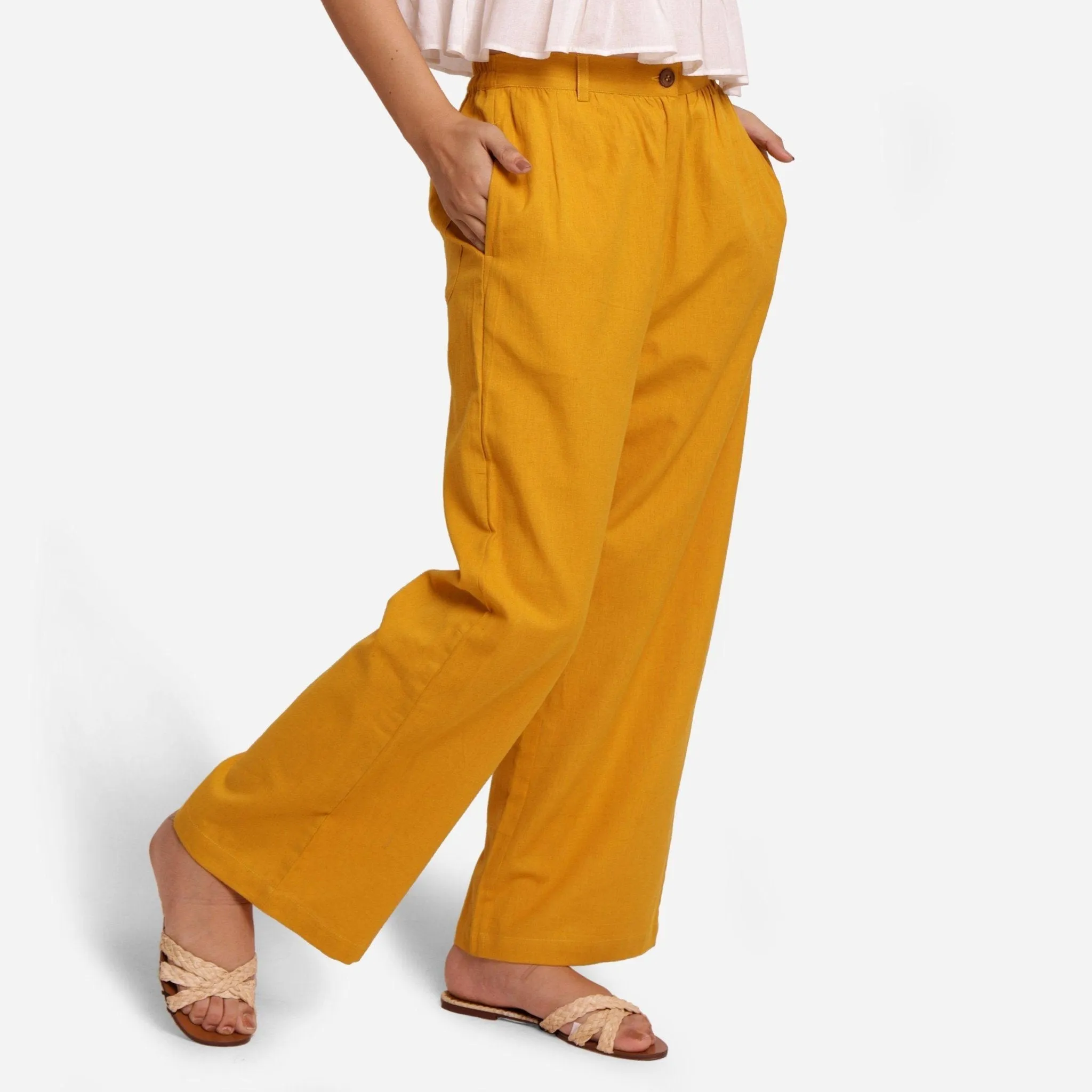 Mustard Cotton Flax Elasticated Wide Legged Pant