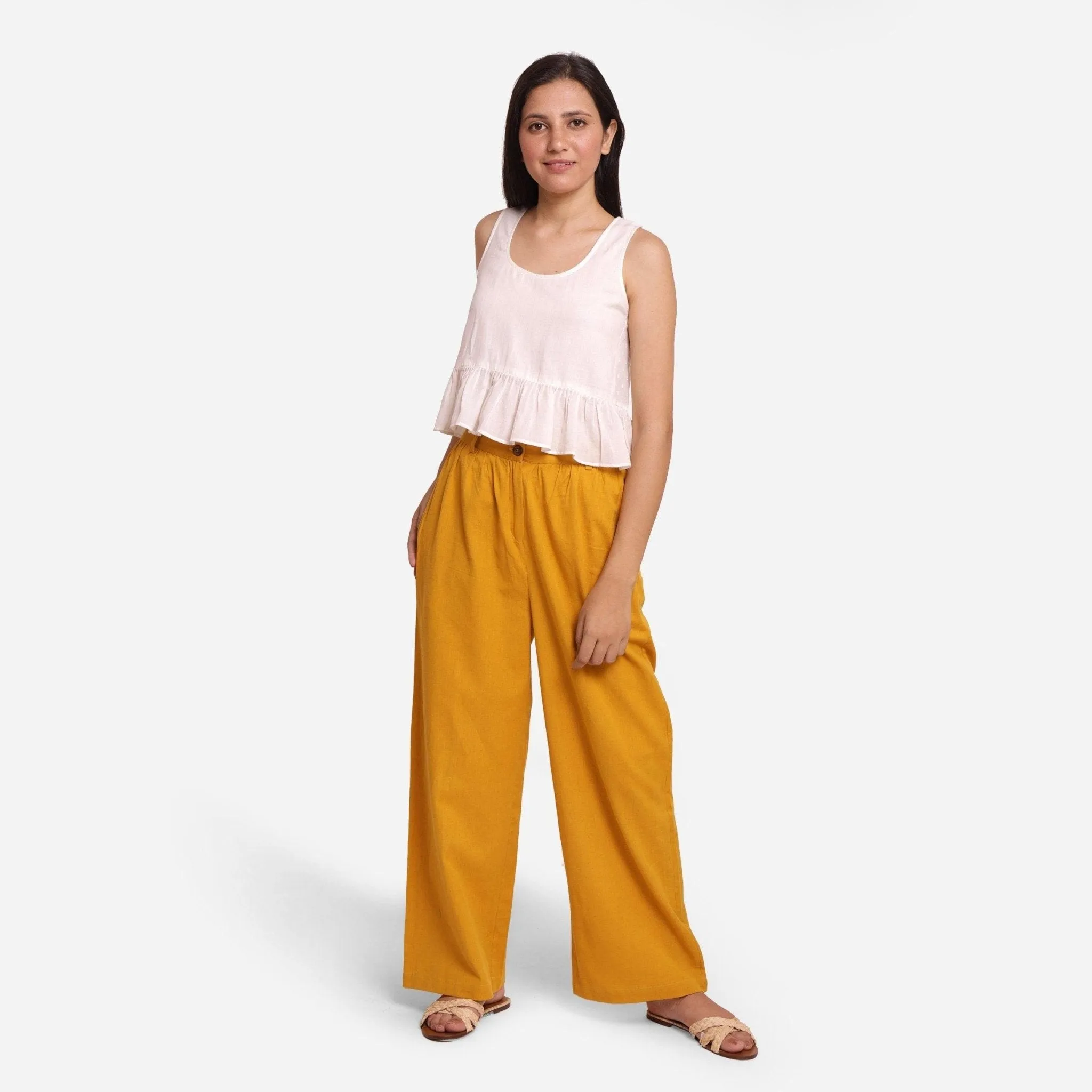 Mustard Cotton Flax Elasticated Wide Legged Pant