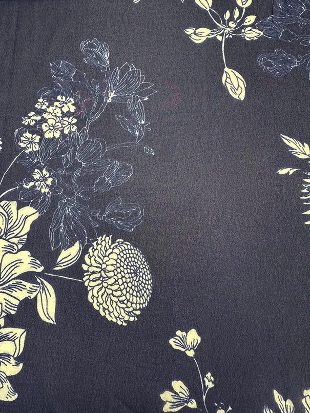 Navy Blue and White Floral Print Poly Chiffon Fabric