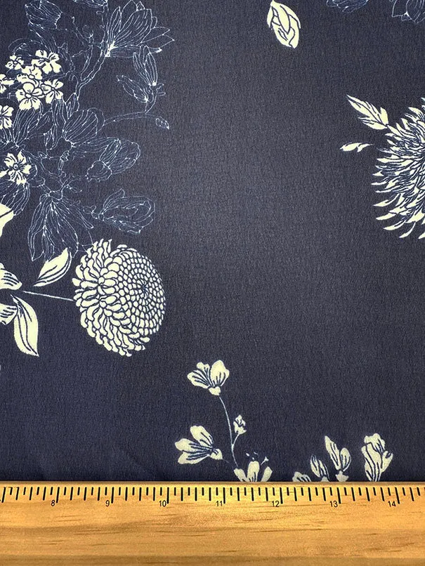 Navy Blue and White Floral Print Poly Chiffon Fabric