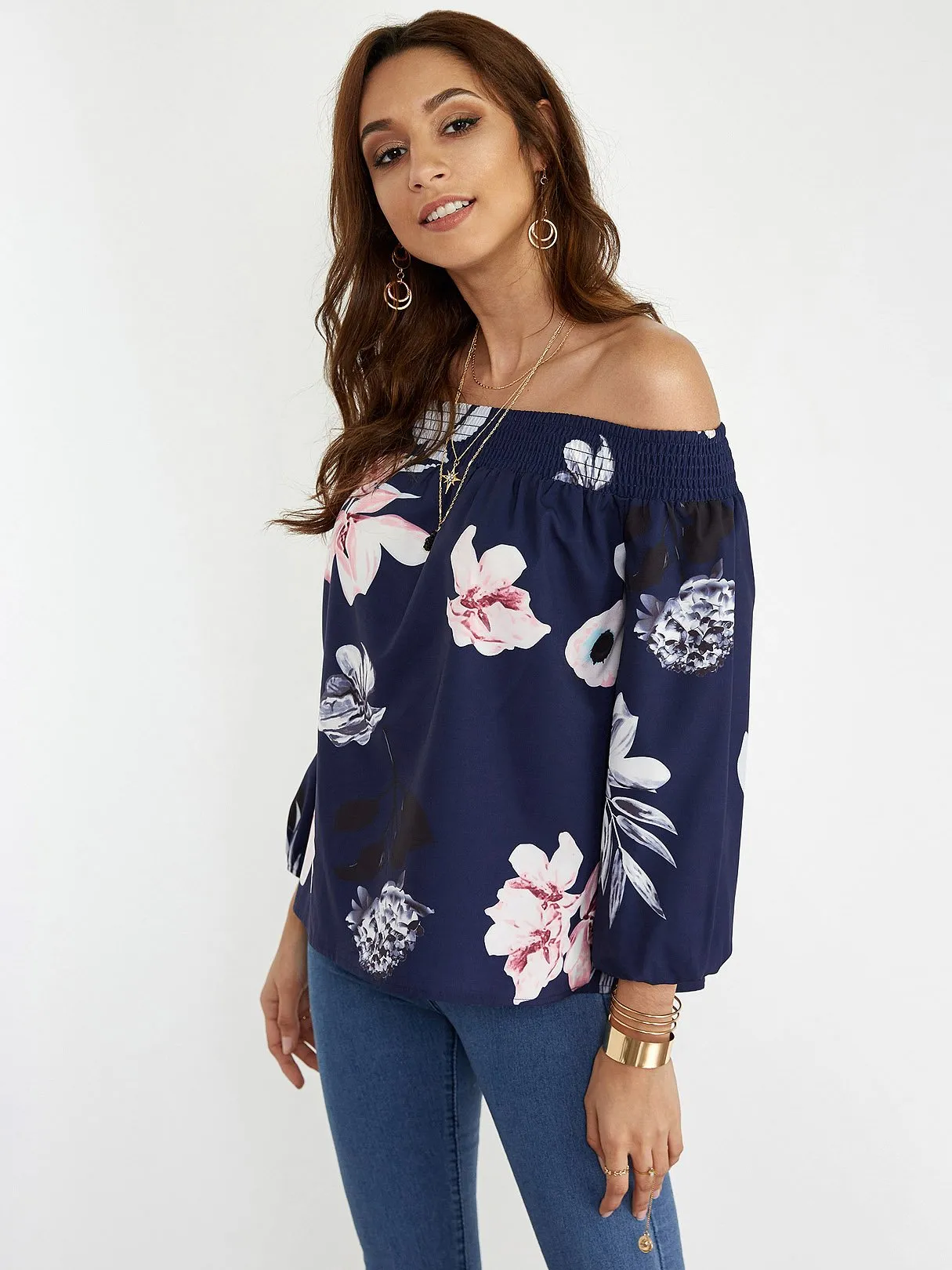 OEM ODM Off The Shoulder Floral Print Long Sleeve Navy Blouses