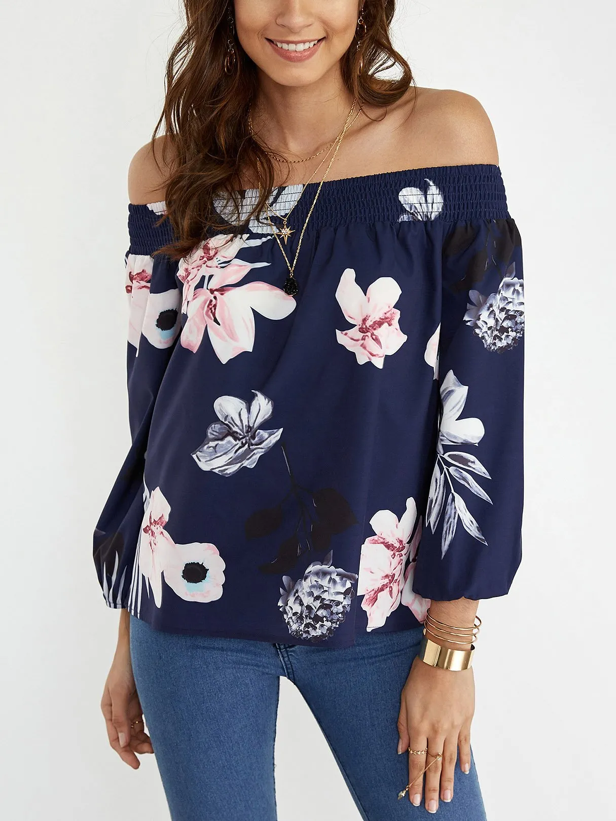 OEM ODM Off The Shoulder Floral Print Long Sleeve Navy Blouses