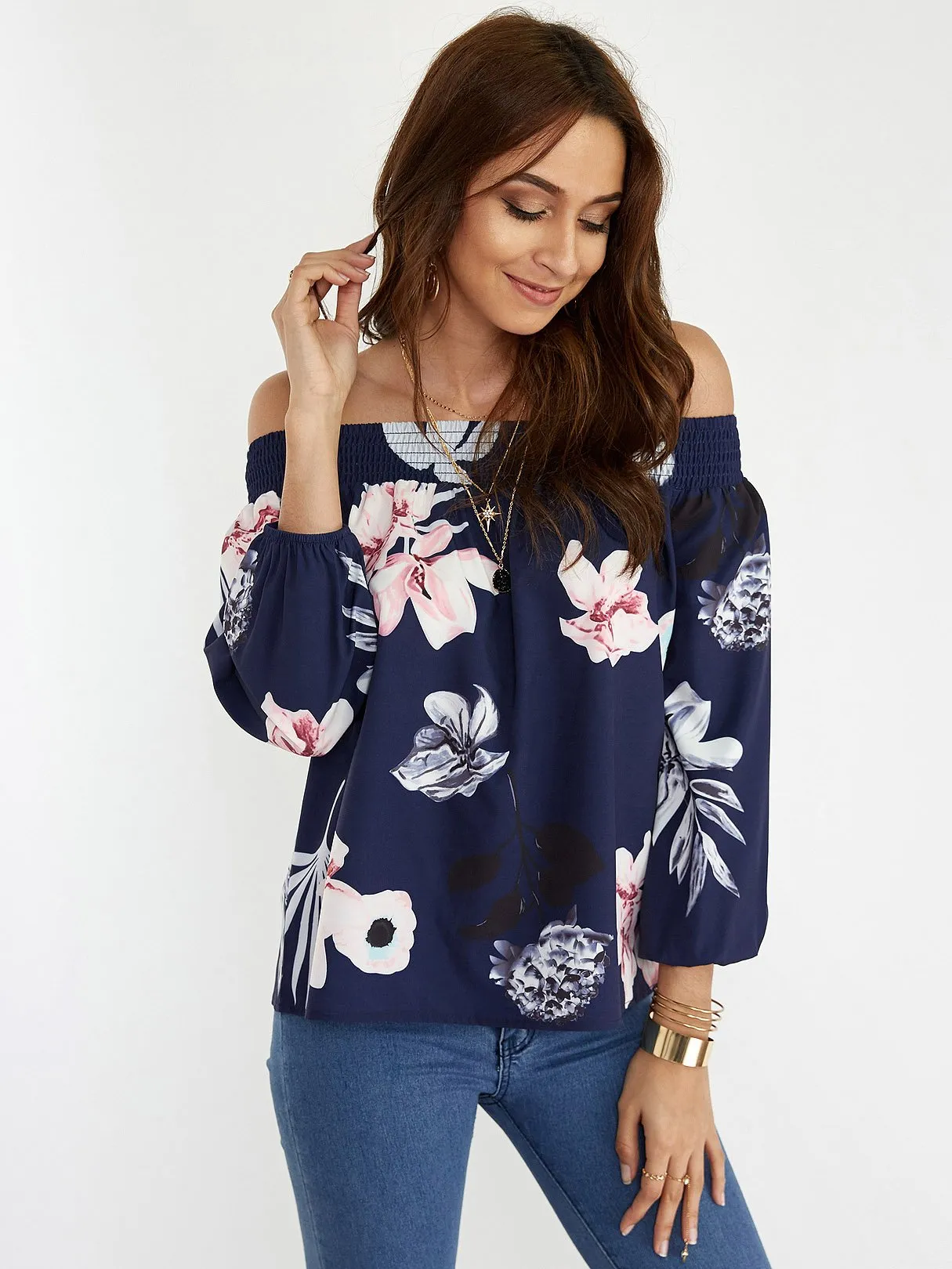 OEM ODM Off The Shoulder Floral Print Long Sleeve Navy Blouses