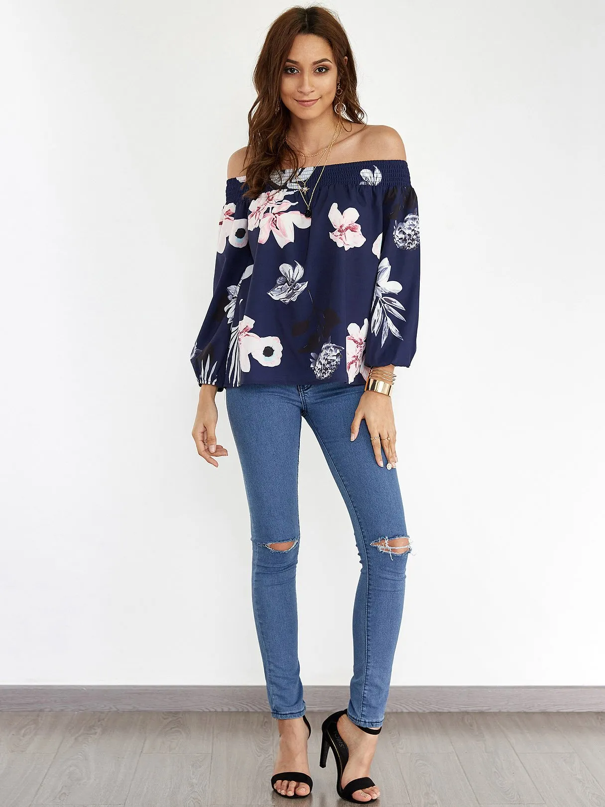 OEM ODM Off The Shoulder Floral Print Long Sleeve Navy Blouses