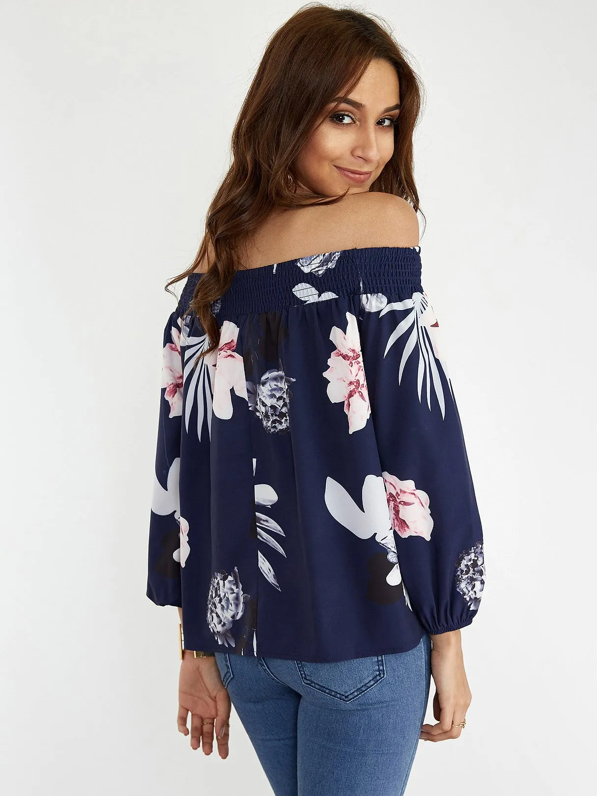 OEM ODM Off The Shoulder Floral Print Long Sleeve Navy Blouses