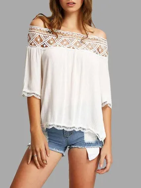 OEM ODM Off The Shoulder Lace Half Sleeve Irregular Hem White Blouses