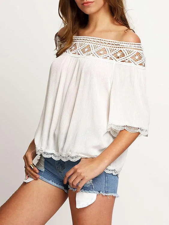 OEM ODM Off The Shoulder Lace Half Sleeve Irregular Hem White Blouses