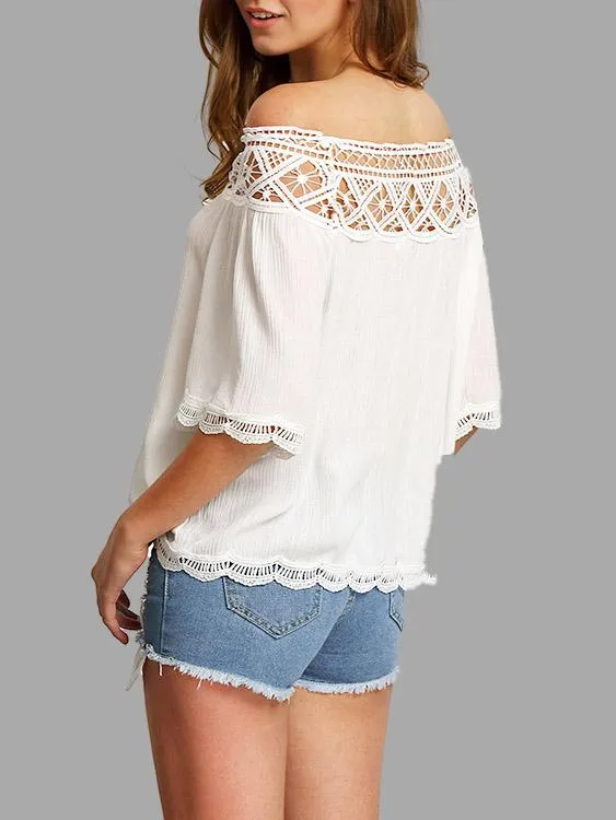 OEM ODM Off The Shoulder Lace Half Sleeve Irregular Hem White Blouses