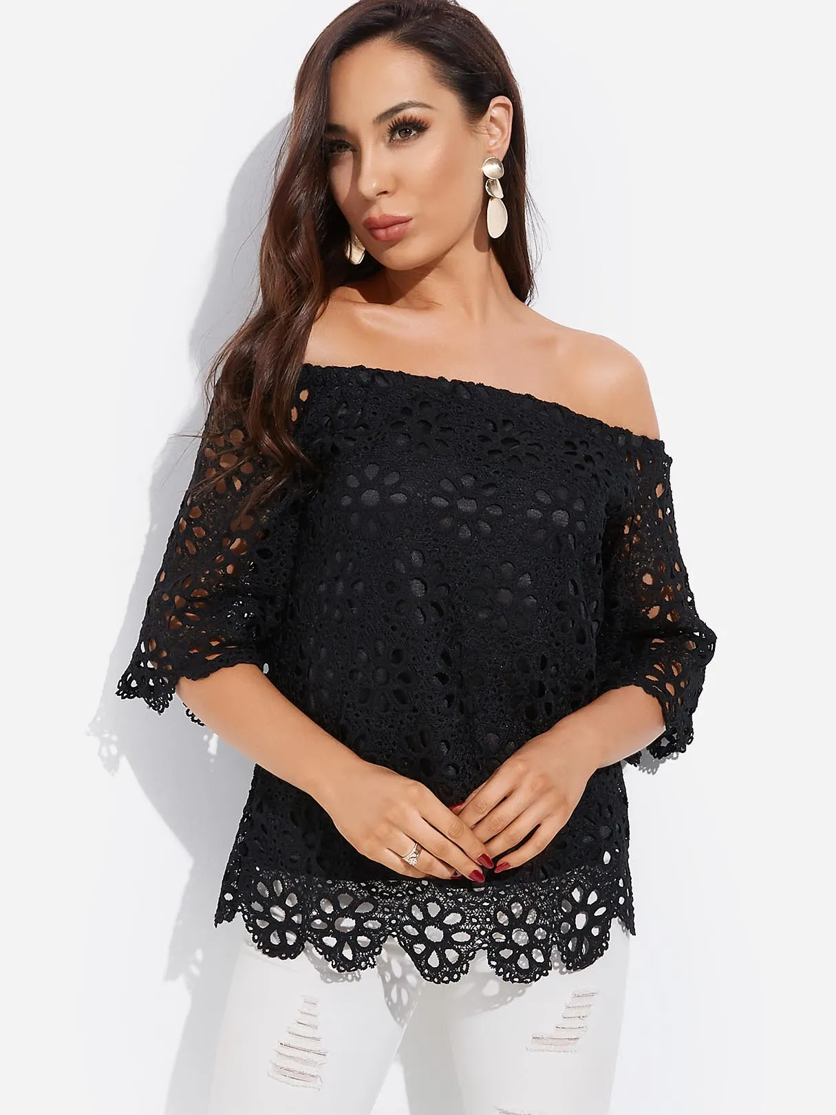 OEM ODM Off The Shoulder Plain Lace 3/4 Sleeve Black Blouses