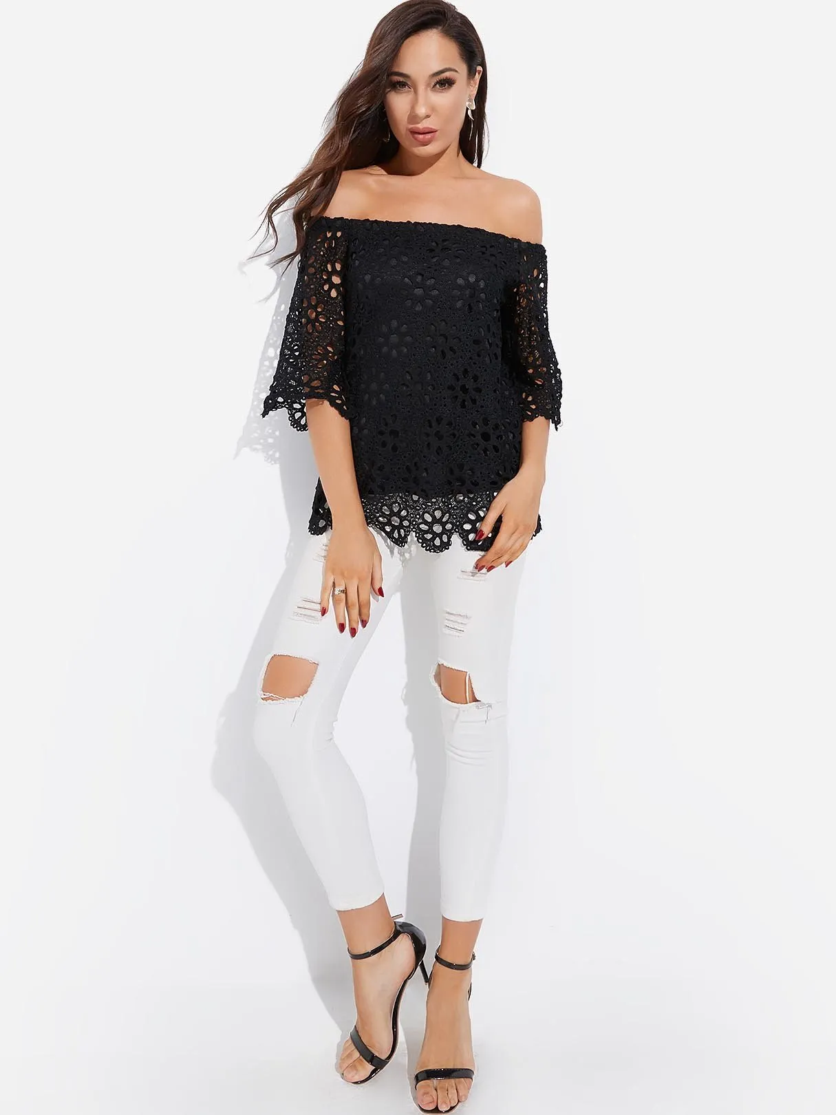 OEM ODM Off The Shoulder Plain Lace 3/4 Sleeve Black Blouses