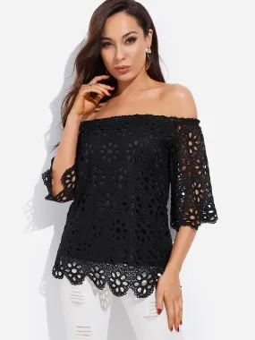 OEM ODM Off The Shoulder Plain Lace 3/4 Sleeve Black Blouses